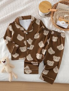 Baby Boy Cute Casual Daily Minimalist Comfortable Coffee Brown Cartoon Bear Open Front Long Sleeve Top & Pants Home Wear 2pcs Set - Brown - View 4