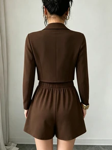 Fine & Folde Lapel Neck Double Breasted Blazer & Skirt Suit Set - Brown - View 7