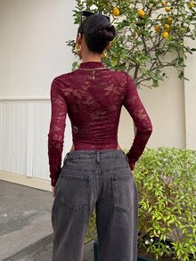 SHEIN EZwear Burgundy Lace Women's Fitted Long Sleeve Bodysuit, Autumn/Winter - Burgundy - View 2