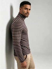 TONEVAULT Men's Casual Striped Slim Fit Long Sleeve Turtleneck T-Shirt - Coffee Brown - View 4