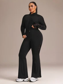 Rhythm Era Women's Plus Size Sports Tight Lifting Set, Sports Jacket With Mesh Patchwork Geometric Pattern And Yoga Pants, Suitable For Sports, Daily Wear, Yoga, Running - Black - View 3