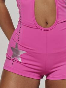 MUSERA Pink Stud Detail High Neck Playsuit Unitard Autumn Fall Winter Coolgirl Rave Festival Halloween Ultra M - Pink - View 6