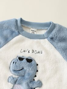 2pcs Baby Boy Autumn/Winter Color Block Cute Cartoon Dinosaur Embroidered Pattern Crew Neck Long Sleeve Pullover Sweatshirt Elastic Waist Long Pants Tracksuits - Multicolor - View 4