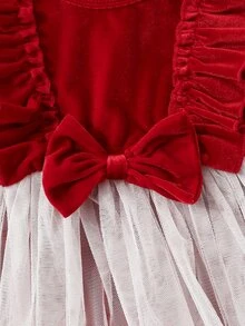 SHEIN Playful Pals Baby Girl Ruffle Big Bow Patchwork Double Layer White Mesh Bodysuit With Velvet Headband Set - Red and White - View 5