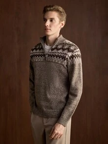 Manfinity CityGents 男士 Fair Isle 針織落肩長袖 1/4 拉鍊毛衣，適合日常中性穿著，老錢風秋季棕色，舒適適合日常外出 - 棕色 - 查看 3