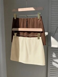 SHEIN EZwear 2件組女款純色休閒百搭裙褲 - 棕色 - 查看 6