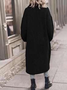Balvessa Women's Loose Collar Mid-Length Knit Cardigan, Thick Chunky Stripe Design, Button Front Open Sweater Jacket With Pockets, Casual Street Style Autumn/Winter Daily Wear - Black - View 2