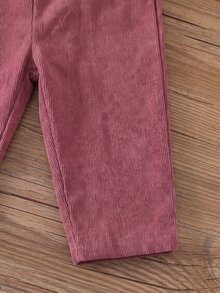 SHEIN 女嬰抓絨內裡燈芯絨可調式肩帶裝飾 3D熊刺繡圖案休閒斜口袋背帶褲，適合冬季 - 藕粉色 - 查看 5