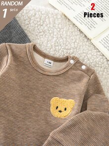 SHEIN 盲盒 3 件套 秋冬複合抓絨條紋印花熊刺繡圖案長袖連身衣，含足套褲與帽子 2 件組合，熱銷款舒適柔軟面料睡衣家居服 - 灰色 - 查看 9