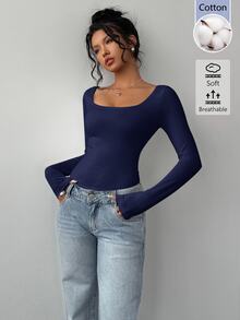 SHEIN BASICS 女款純色方領長袖修身簡約百搭 T-shirt，日常穿搭，海軍藍，秋冬保暖 - 藍色 - 查看 8