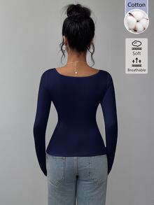 SHEIN BASICS 女款純色方領長袖修身簡約百搭 T-shirt，日常穿搭，海軍藍，秋冬保暖 - 藍色 - 查看 6