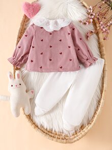 SHEIN 3pcs Baby Girls Top Leggings Set Cute Sweet Pink White Heart Print Lace Bow Ribbed Long Sleeve Peter Pan Collar Regular Party Fall Button - Baby Pink - View 2