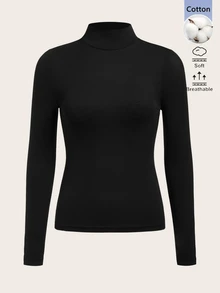 SHEIN BASICS 女款純色高領極簡時尚百搭長袖T恤 - 黑色 - 查看 1
