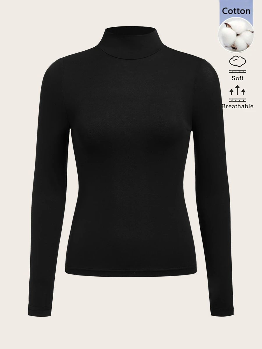 SHEIN BASICS 女款純色高領極簡時尚百搭長袖T恤 - 黑色 - 查看 1