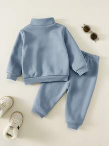 SHEIN 男女嬰兒/幼兒秋冬保暖內裡加厚休閒可愛運動風立領運動衫套裝，嬰兒運動服，嬰兒冬季衣著/套裝 - 霧霾藍 - 查看 2