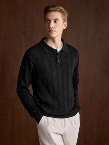 Manfinity CityGents 歐美新博主風時尚設計成熟休閒男士 Polo 領套頭針織毛衣，深黑色針織上衣，適合辦公工作，秋季穿著 - 黑色 - 查看 3