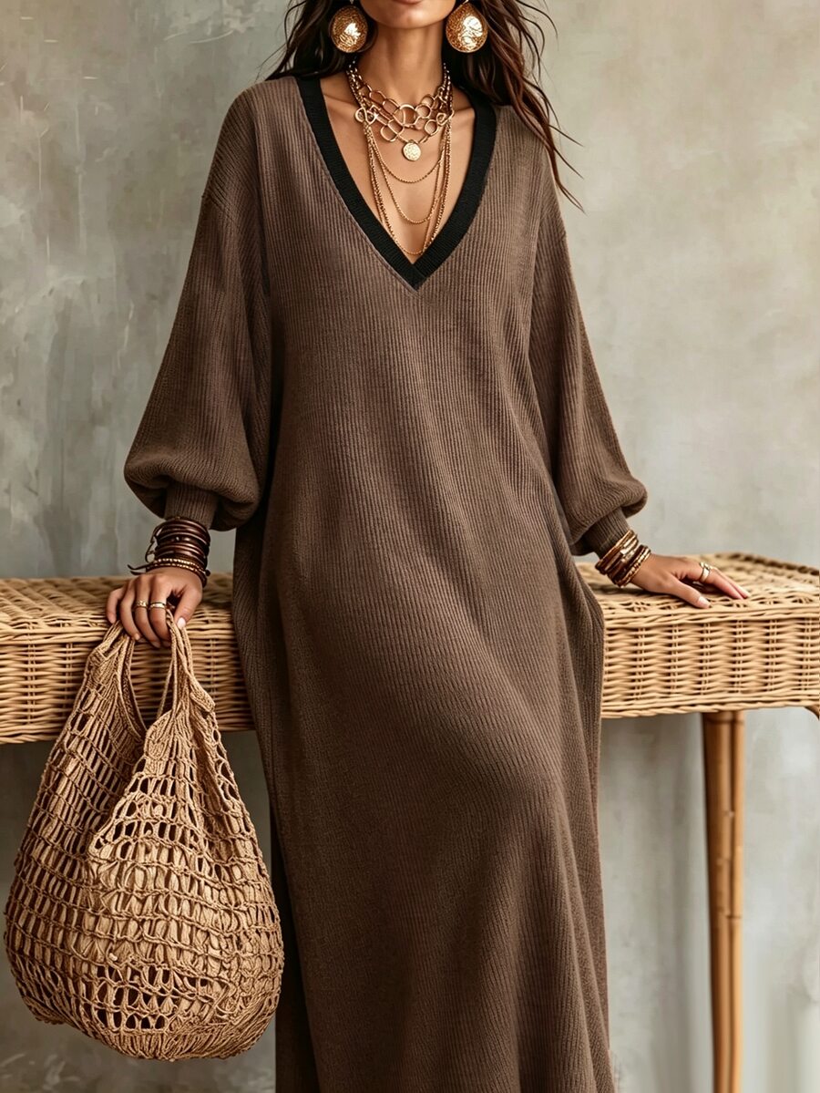 LUMIGAL Women's Vintage Striped Colorblock Knit Dress, Autumn/Winter - Coffee - View 1
