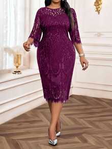 SHEIN Lady فستان أسود أنيق من الدانتيل للحفلات، مقاس كبير، مناسب للربيع والصيف والخريف والشتاء، فستان أسود صغير - أحمر بنفسجي - مشاهدة 5