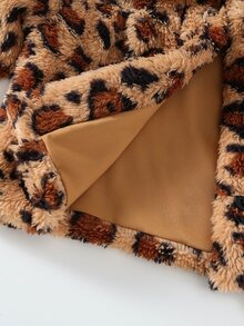 SHEIN طقم جاكيت للبنات الرضع، جاكيت كارديجان فرو ناعم لطيف وحلو، بيج وخاكي مطبوع، معطف منفوخ - بني - مشاهدة 7