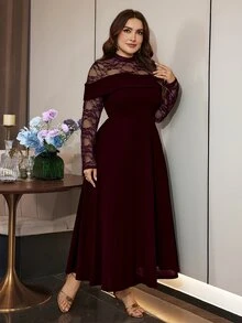Modelyn 女款蕾絲拼接收腰A字優雅浪漫派對大尺碼洋裝 - 酒紅色 - 查看 7
