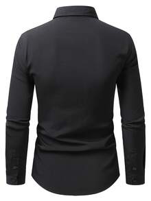 Calvornis Kemeja Pria Lengan Panjang Kasual Fashion Kancing Tunggal Warna Polos - Hitam - View 2