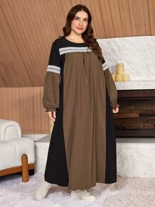 SHEIN Najma Plus Size Women's Loose Casual A-Line Round Neck Contrast Color Lace Puff Long Sleeve Patchwork Long Dress, Autumn - Black - View 6