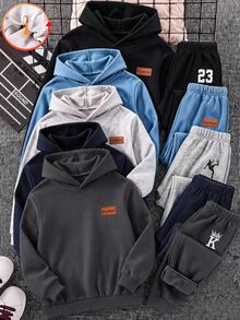 SHEIN 買2送1兒童青少年男孩休閒運動23圖案黑灰色卡其色保暖內裡加厚運動長褲多件組，適合秋冬、學校、家庭聚會、度假、派對，秋季穿搭，冬季穿搭 - 彩色 - 查看 1