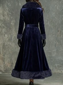 Omancia Women's Solid Color Fur Collar Long Sleeve Double-Breasted Elegant Mid-Length Dress - Blue - View 2