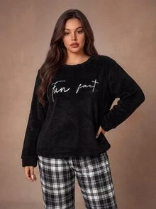 Lazeform Plus Size Casual Letter Embroidered Comfortable Plush Plaid Pajama Set 2 Pieces - Black - View 6