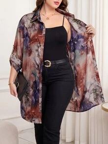 SHEIN Clasi 女款大尺碼優雅時尚全印花長版襯衫 - 彩色 - 查看 4