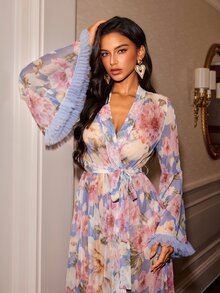Slumberist Mesh Printed Patchwork 3D Pleated Lace Trim Sexy Nightgown - Multicolor - View 5