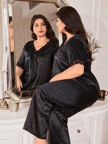MuseNap CURVE Plus Leopard Jacquard Lace Trim Satin PJ Set - Black - View 3