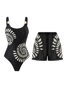 Swim Oasis 2pcs Vintage One-Piece Swimsuit Set, One-Piece Swimsuit With Mesh Shorts And Asymmetrical Metal Buckle - Black - View 3
