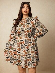 Elaquor Plus Size Autumn/Winter Full Print Ruffle Hem Dress Halloween - Multicolor - View 4