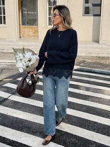 Serisse 女款圓領長袖蕾絲拼接純色休閒針織衫，適合約會與日常穿著，黑色，秋季 - 藏蓝色 - 查看 3
