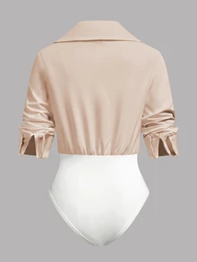 SHEIN LUNE 白色 2 合 1 襯衫連身衣，領口長袖 V 領拼接修身連身衣 - 淺粉色 - 查看 2
