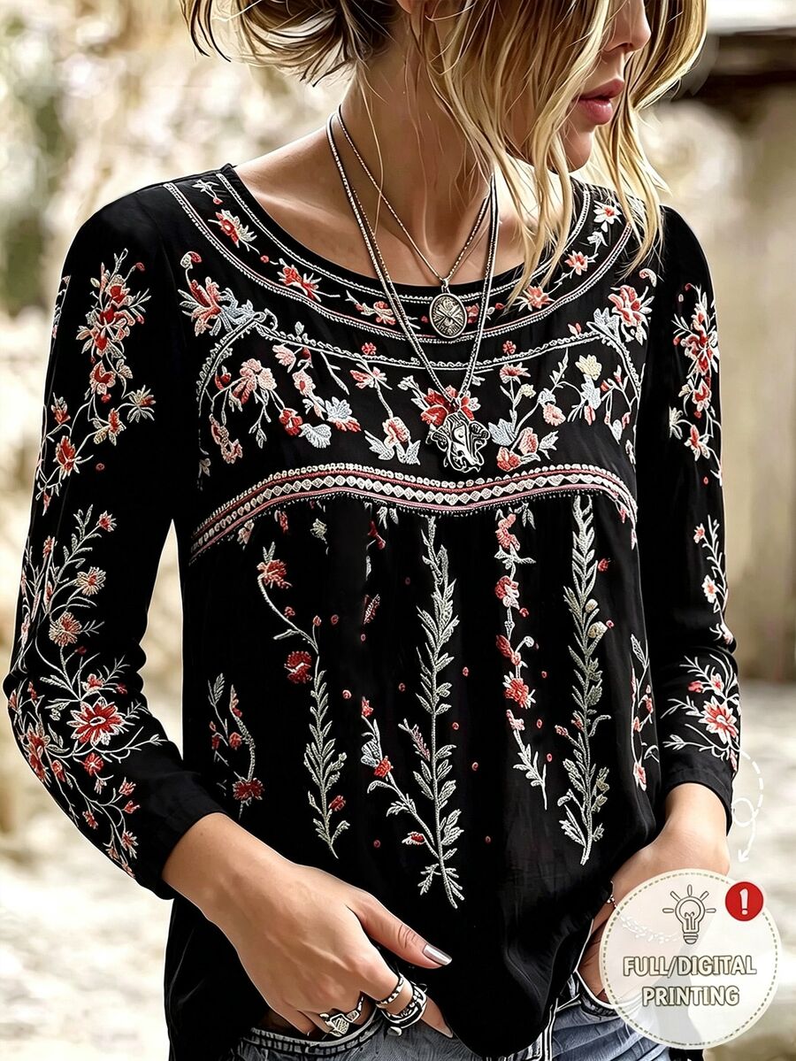Bytebia Bytebia Plus Size Women's Casual Vacation Round Neck Long Sleeve Printed T-Shirt Fall - White - View 1