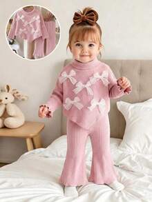SHEIN Vintaside Kids 2件組幼女毛衣喇叭褲套裝，甜美可愛粉色網紗蝴蝶結荷葉邊長袖小立領加厚款，秋季假日派對公主芭蕾舒適羅紋針織 - 粉色 - 查看 1