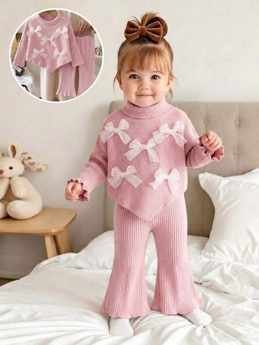 SHEIN Vintaside Kids 2件組幼女毛衣喇叭褲套裝,甜美可愛粉色網紗蝴蝶結荷葉邊長袖小立領加厚款,秋季假日派對公主芭蕾舒適羅紋針織 - 粉色 - 查看 1