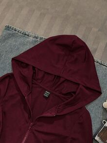 SHEIN EZwear 女款休閒極簡天使水鑽標語印花酒紅色修身連帽T恤，適合秋季 - 酒紅色 - 查看 3