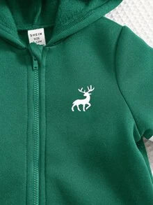 SHEIN 男嬰紅色布料連帽長袖拉鍊連身衣 秋冬連身褲 - 綠色 - 查看 4