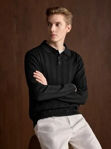 Manfinity CityGents 歐美新博主風時尚設計成熟休閒男士 Polo 領套頭針織毛衣，深黑色針織上衣，適合辦公工作，秋季穿著 - 黑色 - 查看 5