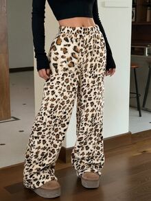 SHEIN EZwear 女款新款彈性腰豹紋時尚毛絨長褲 - 杏色 - 查看 5