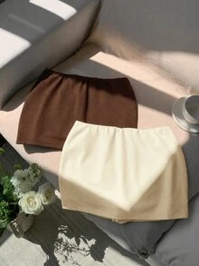 SHEIN EZwear 2件組女款純色休閒百搭裙褲 - 棕色 - 查看 7