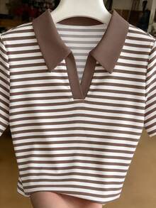 Resyla Brown & White Color Block Striped Short Sleeve Women's Polo Collar Top - Multicolor - View 1