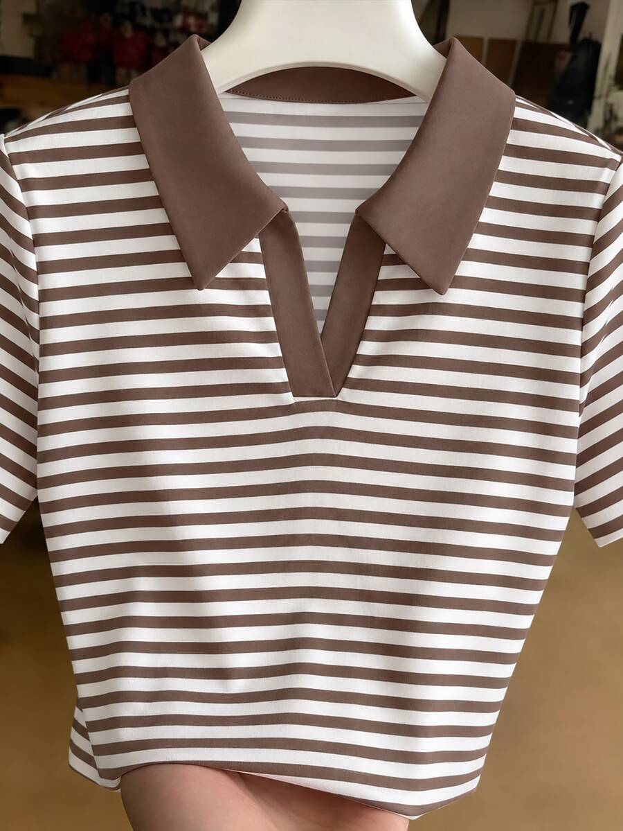 Resyla Brown & White Color Block Striped Short Sleeve Women's Polo Collar Top - Multicolor - View 1