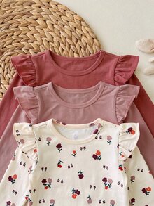 SHEIN 3pcs/Set Baby Girl Cute Ditsy Floral Fleece Elastic Crew Neck Cap Sleeve Long Sleeve Bodysuit Multi-Piece Set Suitable For Winter - Multicolor - View 3