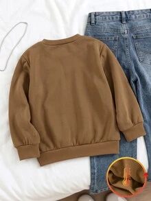SHEIN Genkimix Kids 女童秋冬保暖抓絨衛衣 豹紋大蝴蝶結裝飾 休閒套頭衫 - 棕色 - 查看 2