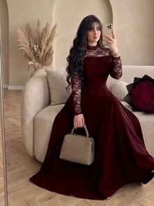 Modelyn 女款蕾絲拼接收腰A字優雅浪漫派對大尺碼洋裝 - 酒紅色 - 查看 1