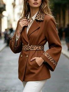 Balvessa Women's Elegant Versatile Loose Brown Leopard Print Patchwork Tie-Front Jacket, Autumn/Winter New Style - Brown - View 4